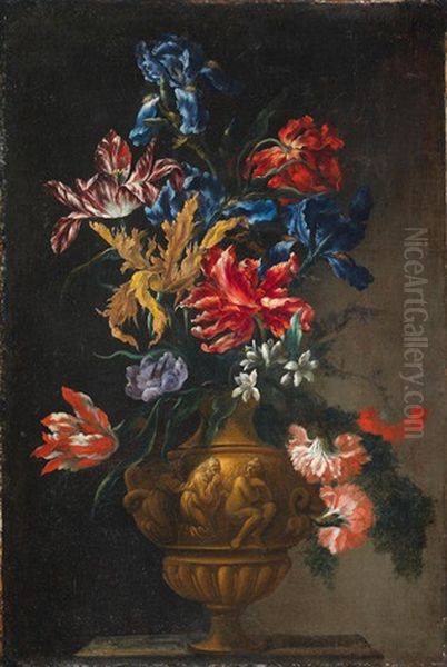 Tulips, Irises, Narcissi And Other Flowers In A Bronze Urn Oil Painting by Mario Nuzzi Mario Dei Fiori