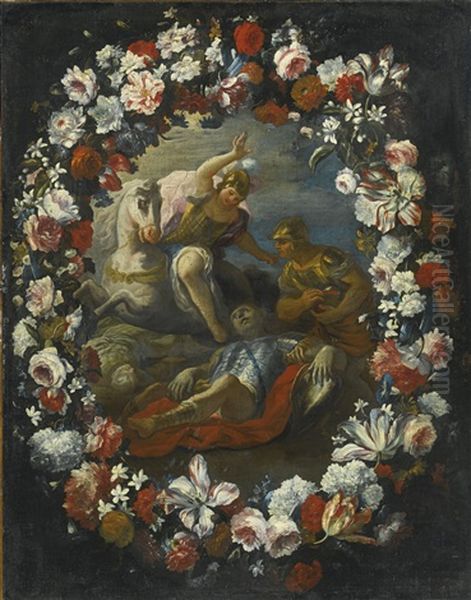Tancred And Erminia, Surrounded By A Garland Of Flowers Oil Painting by Mario Nuzzi Mario Dei Fiori