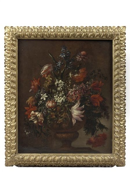 Bouquet De Fleurs Dans Un Vase Pose Sur Un Entablement Oil Painting by Mario Nuzzi Mario Dei Fiori