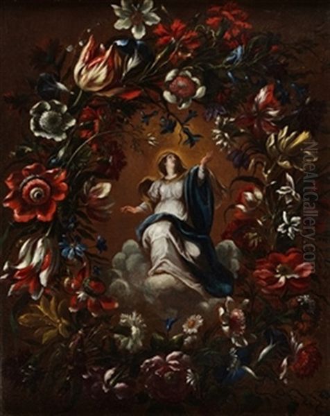 Inmaculada En Orla De Flores Oil Painting by Mario Nuzzi Mario Dei Fiori