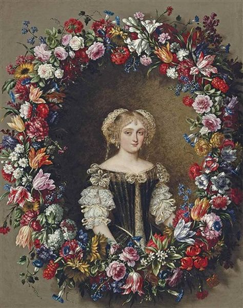 Portrait Of A Lady, Traditionally Identified As A Member Of The Colonna Family, Small Half-length, In A Green Dress With A White Chemise, Surrounded By A Garland Of Flowers Oil Painting by Mario Nuzzi Mario Dei Fiori