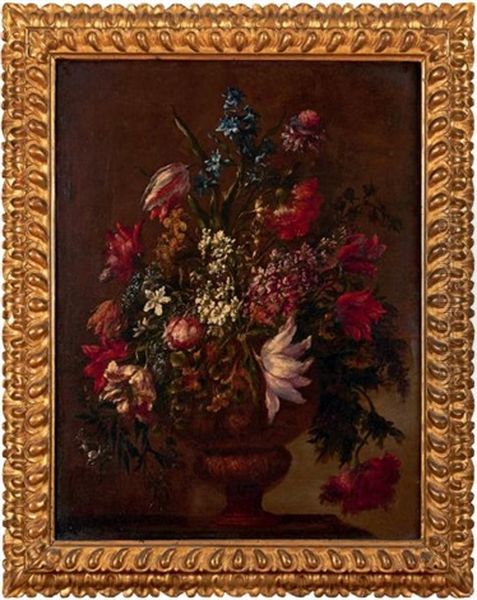 Bouquet De Fleurs Dans Un Vase Pose Sur Un Entablement Oil Painting by Mario Nuzzi Mario Dei Fiori