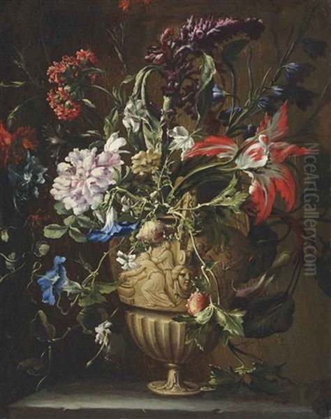 A Parrot Tulip, Morning Glories, A Spiraea And Other Flowers In A Sculpted Urn, On A Stone Ledge Oil Painting by Mario Nuzzi Mario Dei Fiori