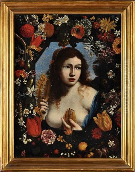 A Bust Portrait Of A Noblewoman, Holding A Purse And Coronet With A Garland Of Flowers Oil Painting by Mario Nuzzi Mario Dei Fiori