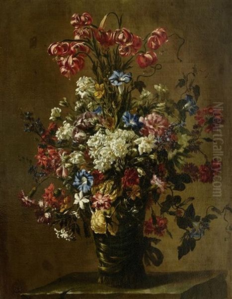 Gebundener Blumenstrauss Auf Einer Steinplinthe Oil Painting by Mario Nuzzi Mario Dei Fiori