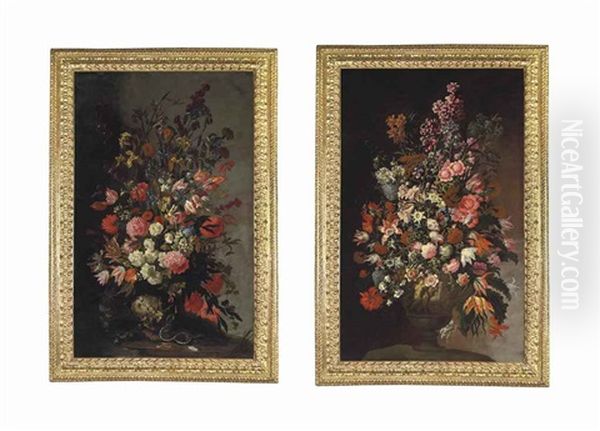 Tulips, Lilies, Irises And Other Flowers, In A Sculpted Urn, With...; Roses, Tulips, Chrysanthemums And Other Flowers, In A Sculpted Urn... (pair) Oil Painting by Mario Nuzzi Mario Dei Fiori