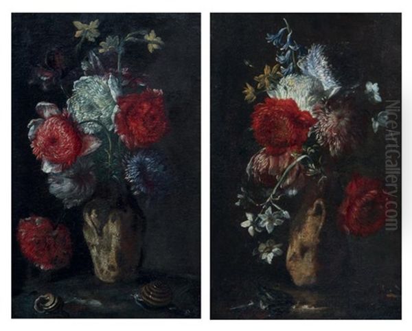 Bouquets De Fleurs (pair) Oil Painting by Mario Nuzzi Mario Dei Fiori