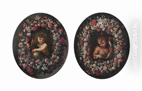 The Christ Child Surrounded By A Garland Of Flowers (+ The Infant Saint John The Baptist Surrounded By A Garland Of Flowers; Pair) Oil Painting by Mario Nuzzi Mario Dei Fiori