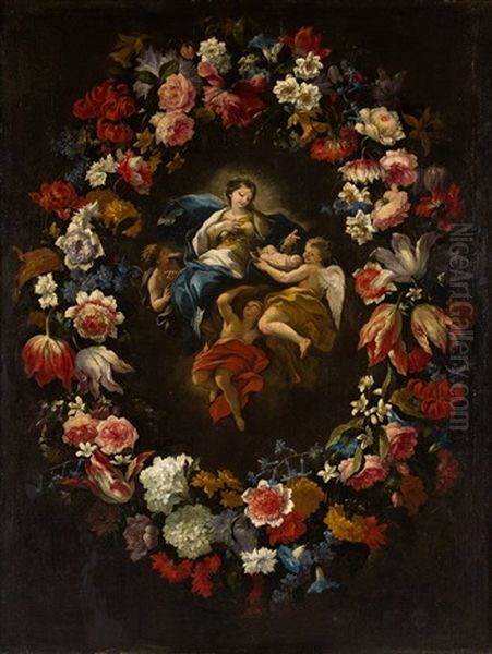 Guirnalda De Flores Con La Virgen De La Leche (attrib. To Collab. W/luca Giordano) Oil Painting by Mario Nuzzi Mario Dei Fiori