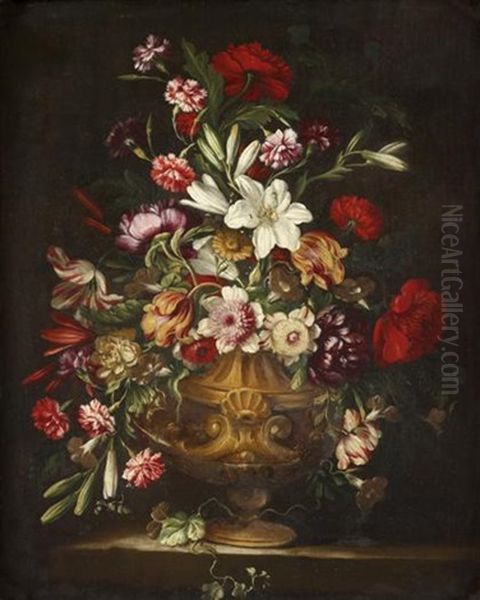Lilies, Carnations, Tulips, Anemonies, Morning Glory, Peonies And Other Flowers In A Sculpted Urn On A Stone Ledge Oil Painting by Mario Nuzzi Mario Dei Fiori
