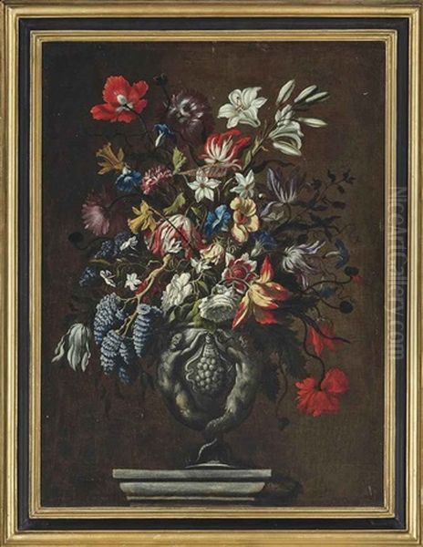 Tulips, Carnations, Narcissi, Poppies, Jasmin, Convulvulus And Other Flowers In A Sculpted Urn On A Plinth Oil Painting by Mario Nuzzi Mario Dei Fiori