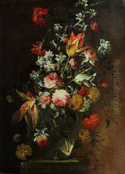 Bouquet De Fleurs Dans Un Vase En Verre Oil Painting by Mario Nuzzi Mario Dei Fiori