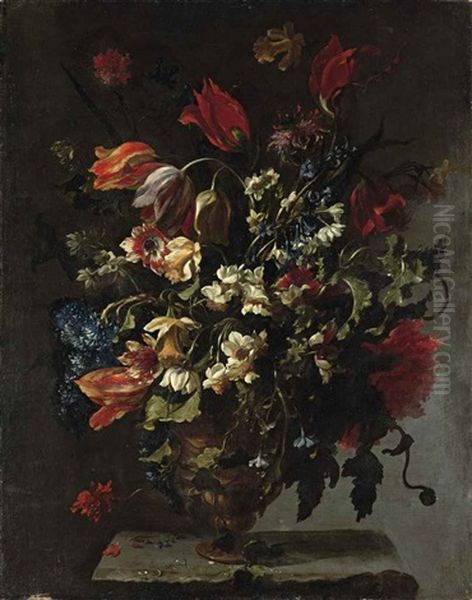 Narcissi, Daffodils, Clematis, Tulips, Carnations And Other Flowers In An Ornamental Vase, On A Stone Legde Oil Painting by Mario Nuzzi Mario Dei Fiori