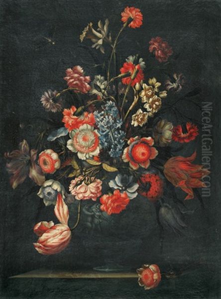 Blumenstillleben Mit Libelle In Antiker Reliefvase Oil Painting by Mario Nuzzi Mario Dei Fiori