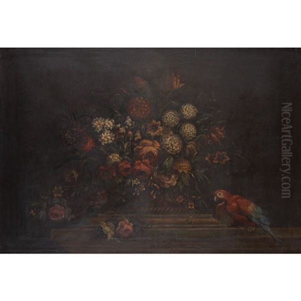 Still Life With Flowers And A Parrot Oil Painting by Mario Nuzzi Mario Dei Fiori