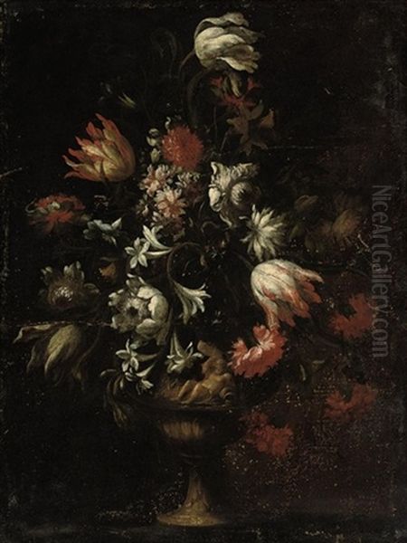 Carnations, Asters, Lilies And Morning Glory In A Sculpted Urn On A Table Oil Painting by Mario Nuzzi Mario Dei Fiori