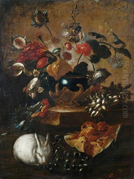 Blumen- Und Obststilleben Mit Einem Hasen An Einem Steinpodest Oil Painting by Mario Nuzzi Mario Dei Fiori