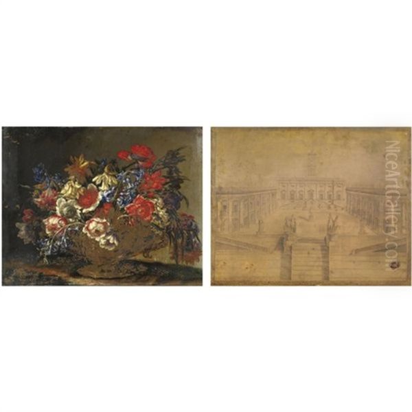 Natura Morta Con Anemoni, Giacinti, Tromboni E Giunchiglie In Una Coppa Di Metallo (+ Veduta Del Campidoglio, Verso) Oil Painting by Mario Nuzzi Mario Dei Fiori