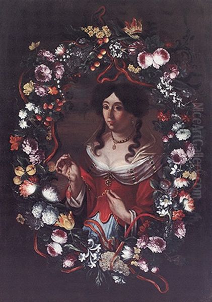 Bildnis Einer Dame Mit Goldkette In Blumen- Und Fruchtegirlande Oil Painting by Mario Nuzzi Mario Dei Fiori