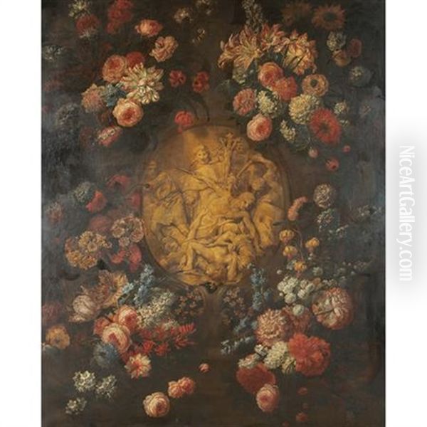 Still Life Of Flowers Surrounding A Carved Relief Oil Painting by Mario Nuzzi Mario Dei Fiori