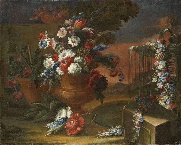 Blumenstillleben In Landschaft (+ Blumenstillleben In Landschaft; 2 Works) Oil Painting by Mario Nuzzi Mario Dei Fiori