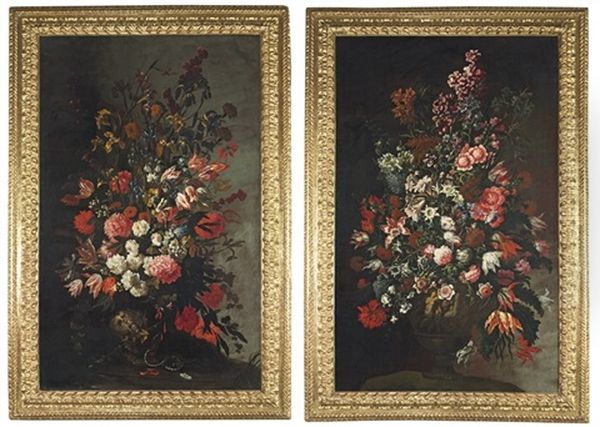 Tulips And Other Flowers, In A Sculpted Urn (+ Roses And Other Flowers; Pair) Oil Painting by Mario Nuzzi Mario Dei Fiori