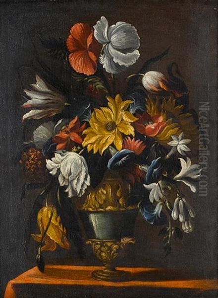 A Sunflower And Other Flowers In An Urn On A Table Top Oil Painting by Mario Nuzzi Mario Dei Fiori
