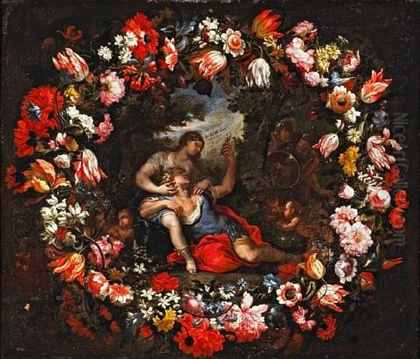 Rinaldo In The Arms Of Armida Within A Garland Of Parrot Tulips, Poppies, Morning Glories And Other Flowers (+ Rinaldo Abandoning Armida Within A Similar Floral Garland; Pair) Oil Painting by Mario Nuzzi Mario Dei Fiori