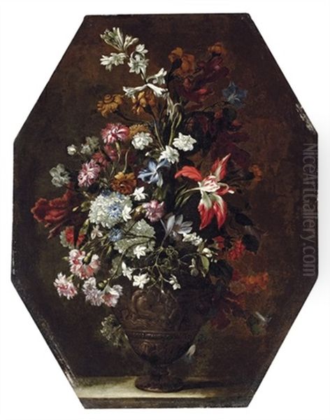 A Lily, An Iris, Carnations, Chrysanthemums And Other Flowers Oil Painting by Mario Nuzzi Mario Dei Fiori