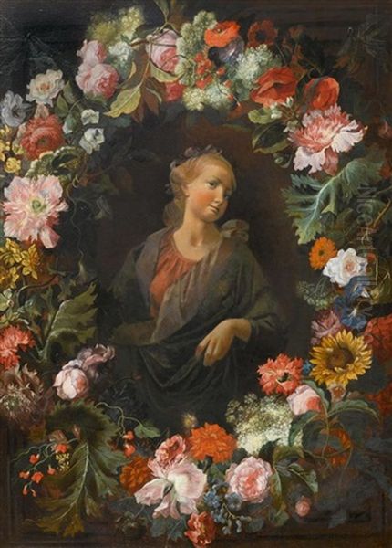 Blumenkranz Um Ein Bildnis Der Madonna Oil Painting by Mario Nuzzi Mario Dei Fiori