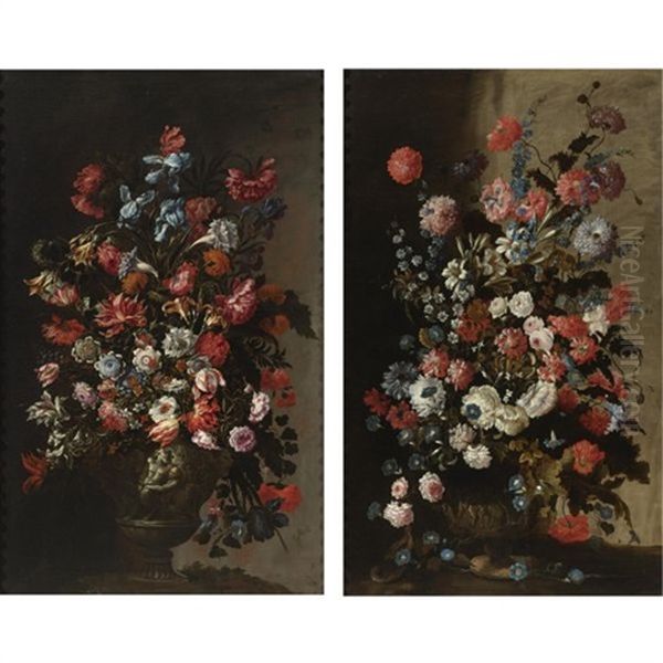 Still Life Of Tulips, Irises, Poppies And Other Flowers In A Sculpted Vase (+ Still Life Of Roses, Lilies, Poppies, Morning Glories And Other Flowers In A Sculpted Vase, With Two Partridges Oil Painting by Mario Nuzzi Mario Dei Fiori