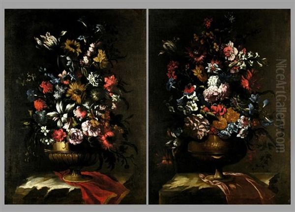 Stillleben Mit Blumen In Vase Auf Draperie (+ Another, Similar; Pair) Oil Painting by Mario Nuzzi Mario Dei Fiori