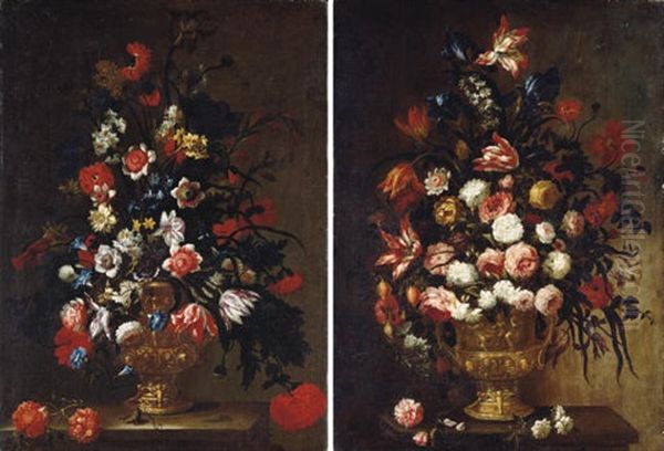 Tulips, Roses, Carnations, Morning Glory, Narcissi And Other Flowers (+ Irises, Tulips, Carnations, Roses, Poppies And Other Flowers; Pair) Oil Painting by Mario Nuzzi Mario Dei Fiori