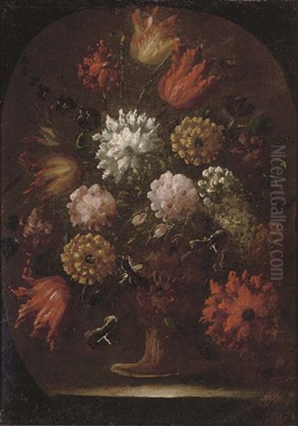 Chrysanthemums, Tulips And Other Flowers In An Urn Oil Painting by Mario Nuzzi Mario Dei Fiori