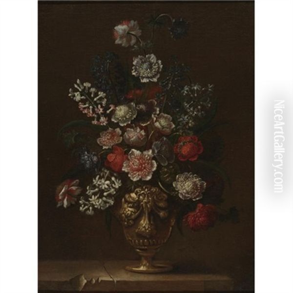 Still Life Of Flowers In An Urn On A Marble Ledge Oil Painting by Mario Nuzzi Mario Dei Fiori