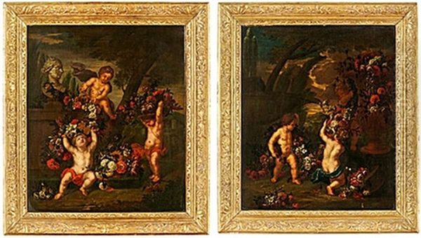 Stilleben Med Putti Och Blommor (pair) Oil Painting by Mario Nuzzi Mario Dei Fiori