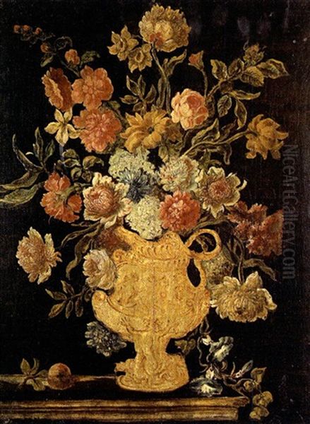 Bouquet De Fleurs Dans Un Vase Orne Oil Painting by Mario Nuzzi Mario Dei Fiori