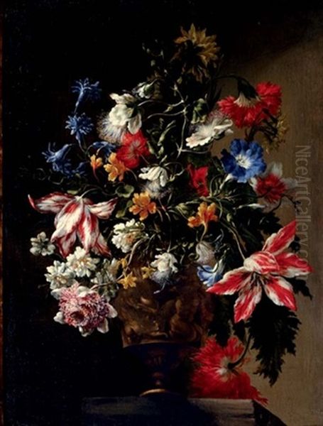Tulips, Roses, Daffodils, A Carnation, A Poppy, Anemone, Jasmine, Morning Glory And Other Flowers In A Sculpted Urn, On A Stone Ledge Oil Painting by Mario Nuzzi Mario Dei Fiori