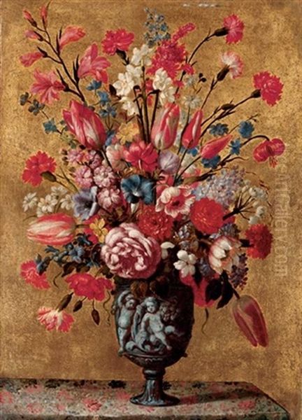 Tulips, Carnations, Roses, Anemones, Gladioli, Lilac, Morning Glory And Other Flowers In A Sculpted Urn, On A Tabletop Oil Painting by Mario Nuzzi Mario Dei Fiori