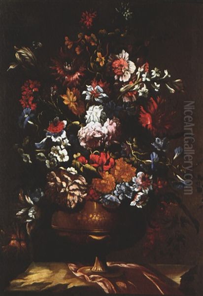 Stillleben Mit Blumen In Vase Auf Draperie Oil Painting by Mario Nuzzi Mario Dei Fiori