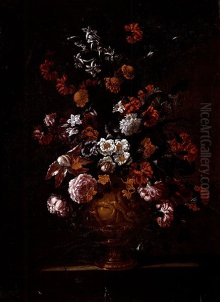 Vase De Fleurs Sur Un Entablement Oil Painting by Mario Nuzzi Mario Dei Fiori