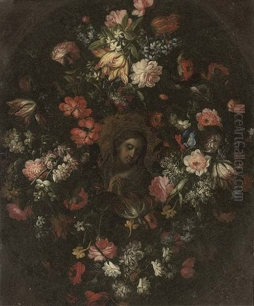 The Madonna At Prayer In A Floral Cartouche Oil Painting by Mario Nuzzi Mario Dei Fiori
