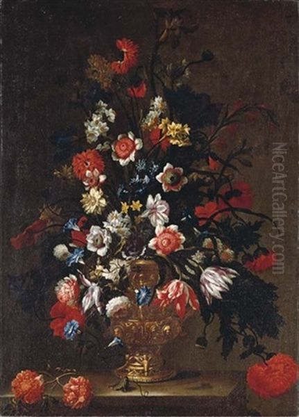 Tulips, Roses, Carnations, Morning Glory, Narcissi And Other Flowers In A Sculpted Urn (+ Irises, Tulips, Carnations, Roses, Poppies In A Sculpted Urn; Pair) Oil Painting by Mario Nuzzi Mario Dei Fiori