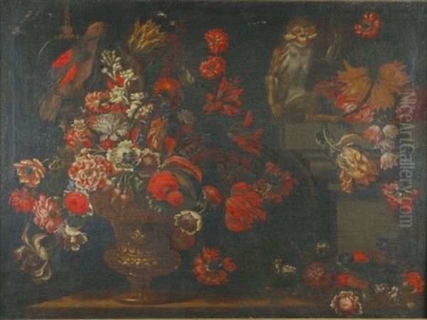 Still Life With A Vase Of Flowers, A Parrot And A Monkey Oil Painting by Mario Nuzzi Mario Dei Fiori