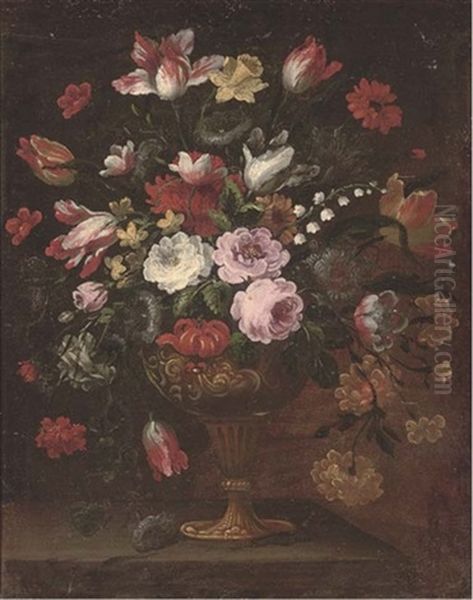 Parrot Tulips, Roses, Narcissi And Other Flowers In An Urn On A Ledge Oil Painting by Mario Nuzzi Mario Dei Fiori