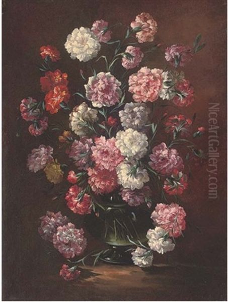 Carnations In A Glass Vase In A Clearing Oil Painting by Mario Nuzzi Mario Dei Fiori