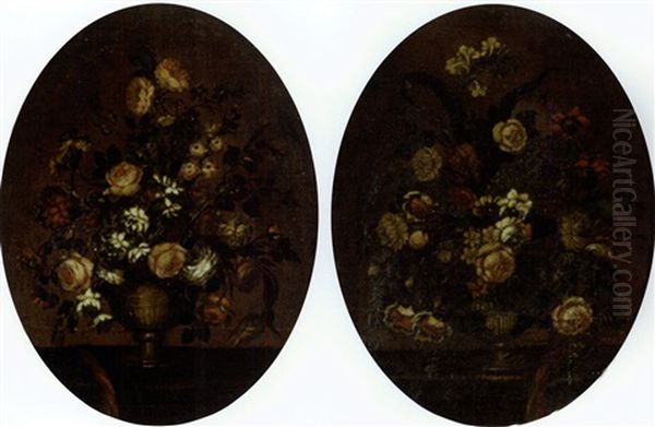 Floral Still Life (+ Another; 2 Works) Oil Painting by Mario Nuzzi Mario Dei Fiori