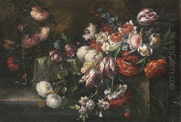 Roses, Parrot Tulips, Morning Glory And Other Flowers On A Ledge Oil Painting by Mario Nuzzi Mario Dei Fiori