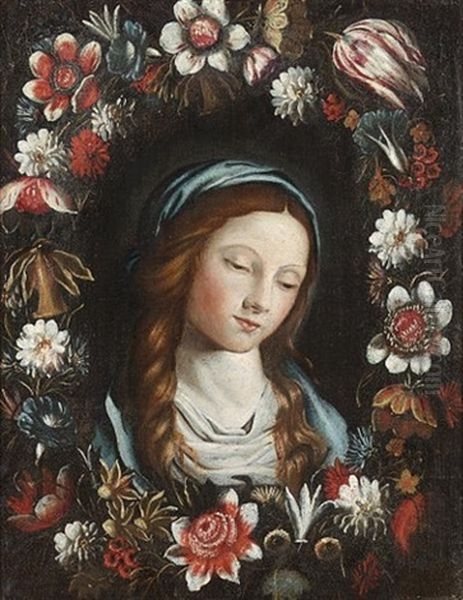 A Garland Of Flowers Surrounding The Head Of The Madonna (collab. W/circle Of Sassoferrato) Oil Painting by Mario Nuzzi Mario Dei Fiori