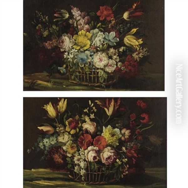 Still Life With Flowers (pair) Oil Painting by Mario Nuzzi Mario Dei Fiori